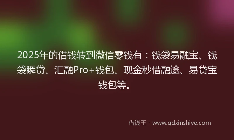 2025年的借钱转到微信零钱有：钱袋易融宝、钱袋瞬贷、汇融Pro+钱包、现金秒借融途、易贷宝钱包等。