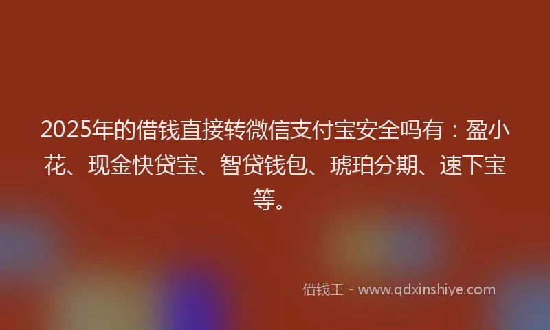 2025年的借钱直接转微信支付宝安全吗有：盈小花、现金快贷宝、智贷钱包、琥珀分期、速下宝等。