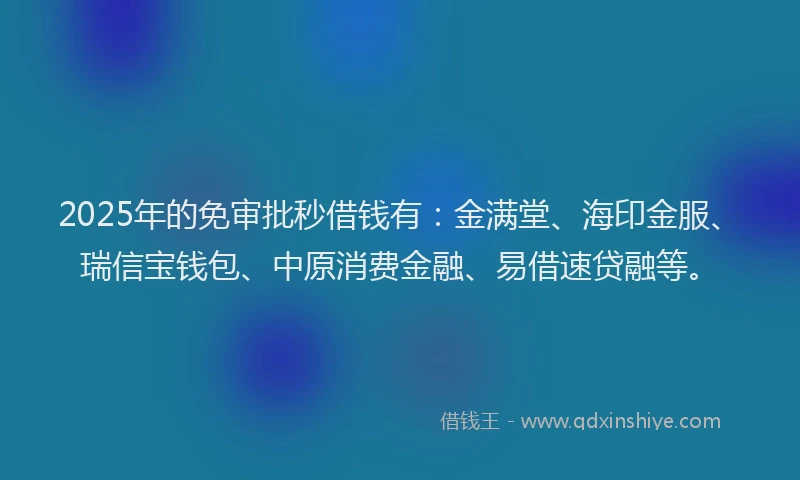 2025年的免审批秒借钱有：金满堂、海印金服、瑞信宝钱包、中原消费金融、易借速贷融等。