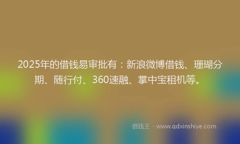 2025年的借钱易审批有：新浪微博借钱、珊瑚分期、随行付、360速融、掌中宝租机等。