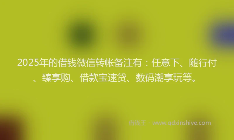 2025年的借钱微信转帐备注有：任意下、随行付、臻享购、借款宝速贷、数码潮享玩等。