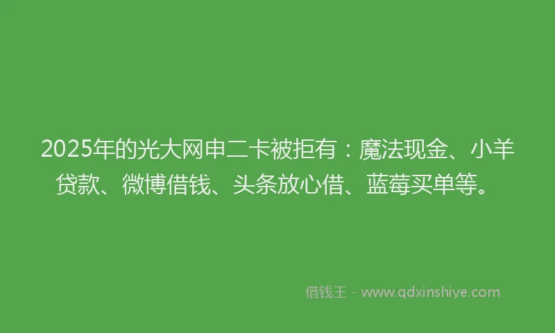 2025年的光大网申二卡被拒有：魔法现金、小羊贷款、微博借钱、头条放心借、蓝莓买单等。