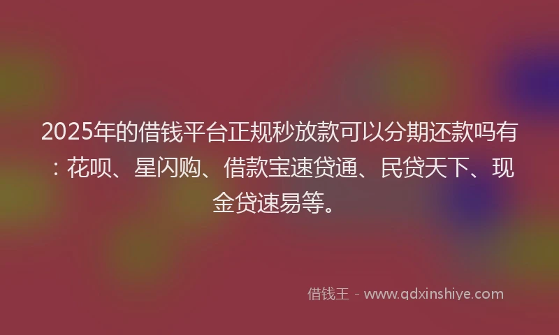 2025年的借钱平台正规秒放款可以分期还款吗有：花呗、星闪购、借款宝速贷通、民贷天下、现金贷速易等。