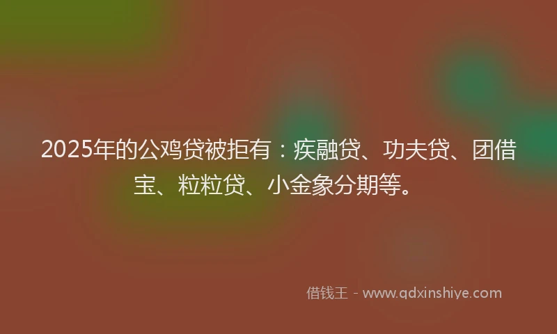 2025年的公鸡贷被拒有：疾融贷、功夫贷、团借宝、粒粒贷、小金象分期等。