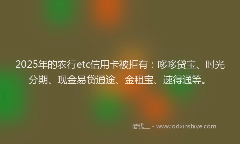 2025年的农行etc信用卡被拒有：哆哆贷宝、时光分期、现金易贷通途、金租宝、速得通等。