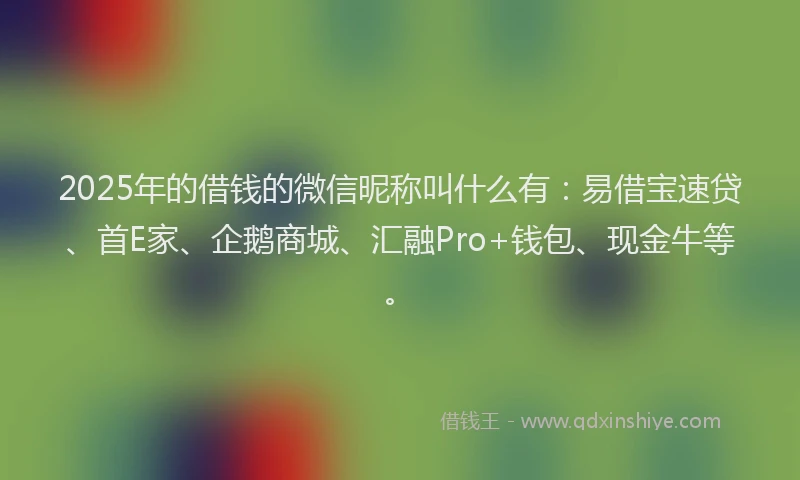 2025年的借钱的微信昵称叫什么有：易借宝速贷、首E家、企鹅商城、汇融Pro+钱包、现金牛等。