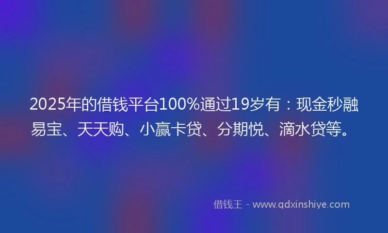 2025年的借钱平台100%通过19岁有：现金秒融易宝、天天购、小赢卡贷、分期悦、滴水贷等。