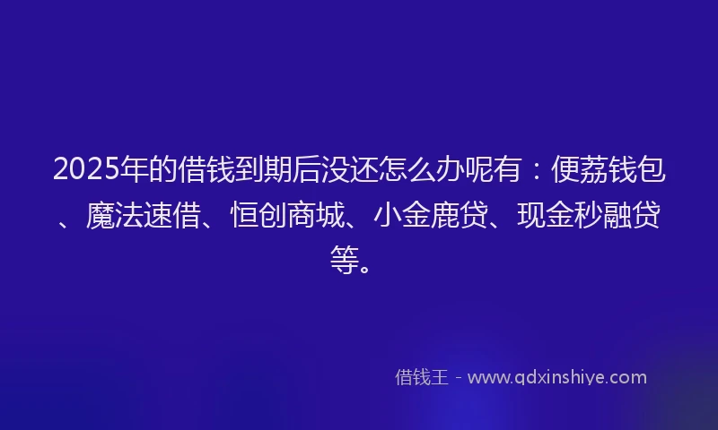 2025年的借钱到期后没还怎么办呢有：便荔钱包、魔法速借、恒创商城、小金鹿贷、现金秒融贷等。