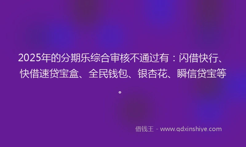 2025年的分期乐综合审核不通过有：闪借快行、快借速贷宝盒、全民钱包、银杏花、瞬信贷宝等。