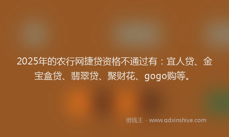 2025年的农行网捷贷资格不通过有：宜人贷、金宝盒贷、翡翠贷、聚财花、gogo购等。
