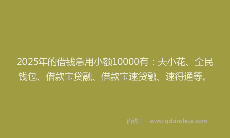 2025年的借钱急用小额10000有：天小花、全民钱包、借款宝贷融、借款宝速贷融、速得通等。