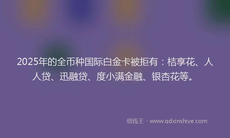 2025年的全币种国际白金卡被拒有：桔享花、人人贷、迅融贷、度小满金融、银杏花等。