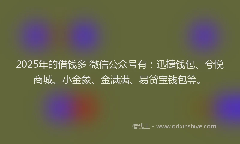 2025年的借钱多 微信公众号有：迅捷钱包、兮悦商城、小金象、金满满、易贷宝钱包等。