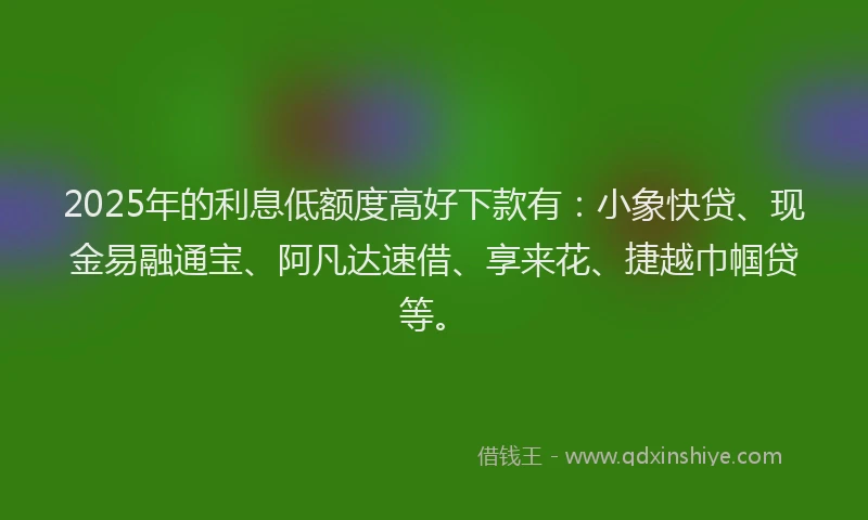2025年的利息低额度高好下款有：小象快贷、现金易融通宝、阿凡达速借、享来花、捷越巾帼贷等。