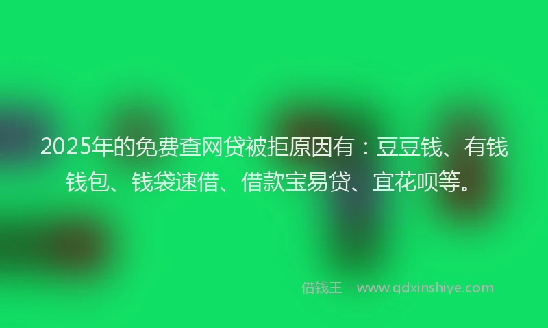 2025年的免费查网贷被拒原因有：豆豆钱、有钱钱包、钱袋速借、借款宝易贷、宜花呗等。