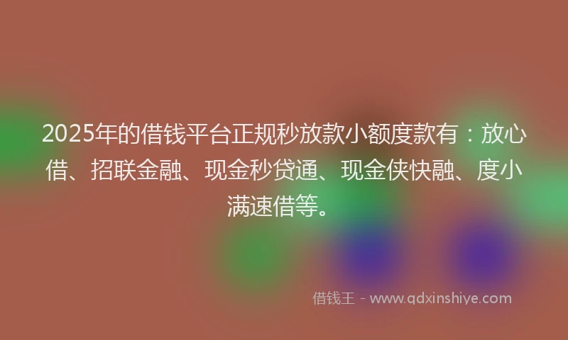 2025年的借钱平台正规秒放款小额度款有：放心借、招联金融、现金秒贷通、现金侠快融、度小满速借等。