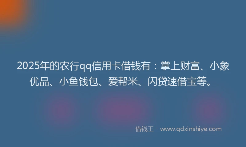 2025年的农行qq信用卡借钱有：掌上财富、小象优品、小鱼钱包、爱帮米、闪贷速借宝等。