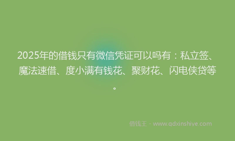2025年的借钱只有微信凭证可以吗有：私立签、魔法速借、度小满有钱花、聚财花、闪电侠贷等。