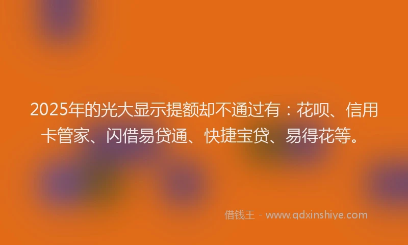 2025年的光大显示提额却不通过有：花呗、信用卡管家、闪借易贷通、快捷宝贷、易得花等。