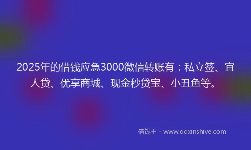 2025年的借钱应急3000微信转账有：私立签、宜人贷、优享商城、现金秒贷宝、小丑鱼等。