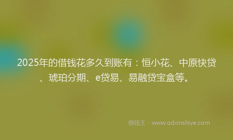 2025年的借钱花多久到账有：恒小花、中原快贷、琥珀分期、e贷易、易融贷宝盒等。