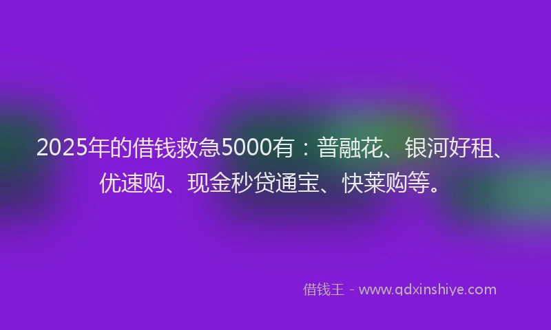2025年的借钱救急5000有：普融花、银河好租、优速购、现金秒贷通宝、快莱购等。