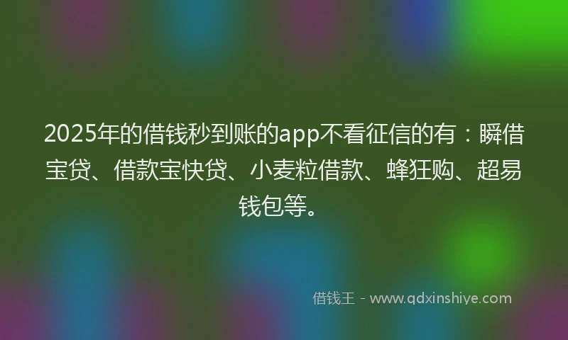 2025年的借钱秒到账的app不看征信的有：瞬借宝贷、借款宝快贷、小麦粒借款、蜂狂购、超易钱包等。