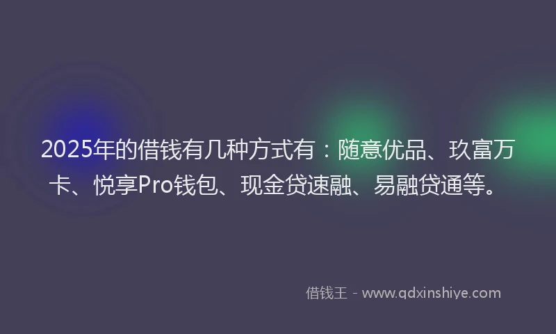 2025年的借钱有几种方式有：随意优品、玖富万卡、悦享Pro钱包、现金贷速融、易融贷通等。