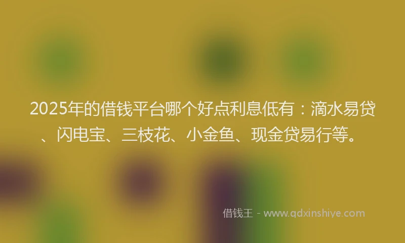 2025年的借钱平台哪个好点利息低有：滴水易贷、闪电宝、三枝花、小金鱼、现金贷易行等。