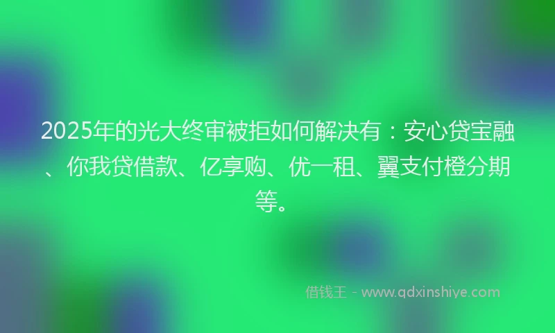 2025年的光大终审被拒如何解决有：安心贷宝融、你我贷借款、亿享购、优一租、翼支付橙分期等。