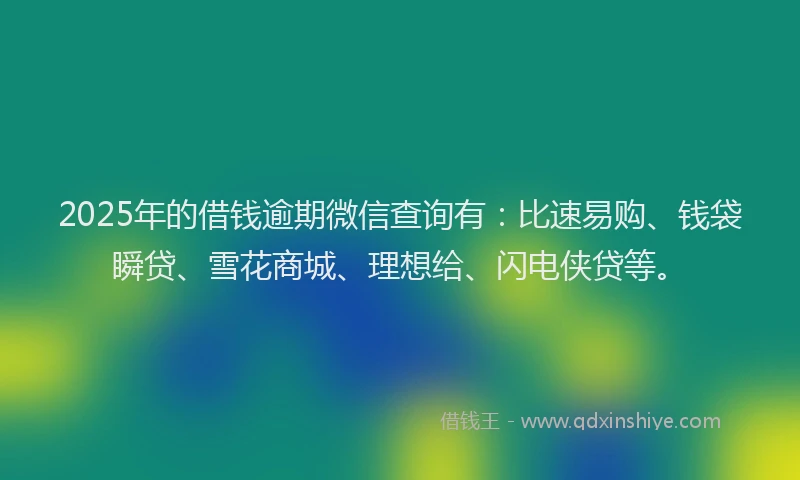 2025年的借钱逾期微信查询有：比速易购、钱袋瞬贷、雪花商城、理想给、闪电侠贷等。