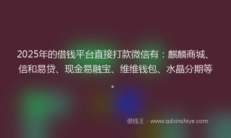 2025年的借钱平台直接打款微信有：麒麟商城、信和易贷、现金易融宝、维维钱包、水晶分期等。