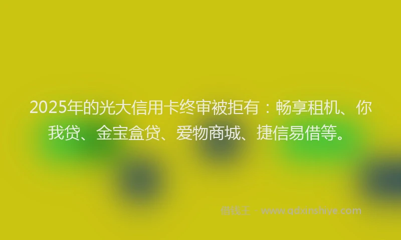 2025年的光大信用卡终审被拒有：畅享租机、你我贷、金宝盒贷、爱物商城、捷信易借等。