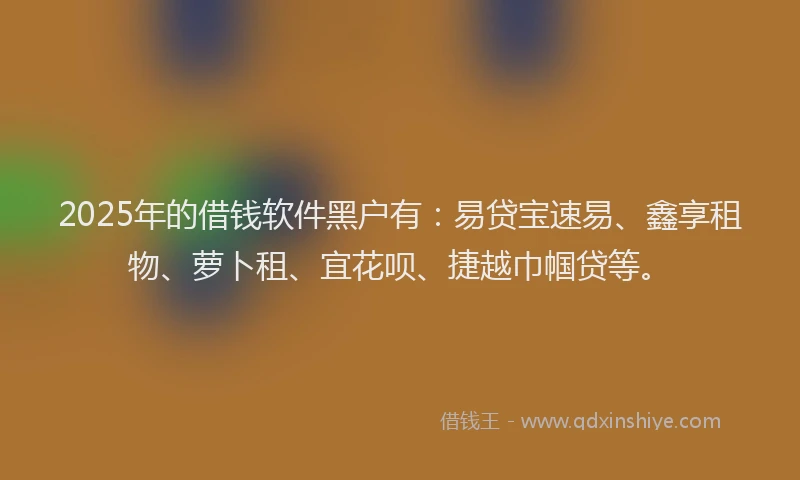 2025年的借钱软件黑户有：易贷宝速易、鑫享租物、萝卜租、宜花呗、捷越巾帼贷等。