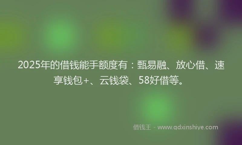 2025年的借钱能手额度有：甄易融、放心借、速享钱包+、云钱袋、58好借等。