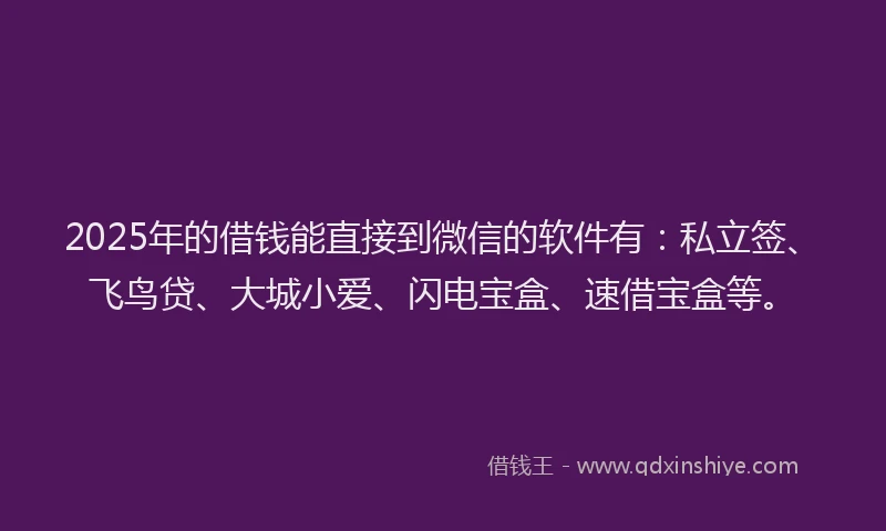 2025年的借钱能直接到微信的软件有：私立签、飞鸟贷、大城小爱、闪电宝盒、速借宝盒等。