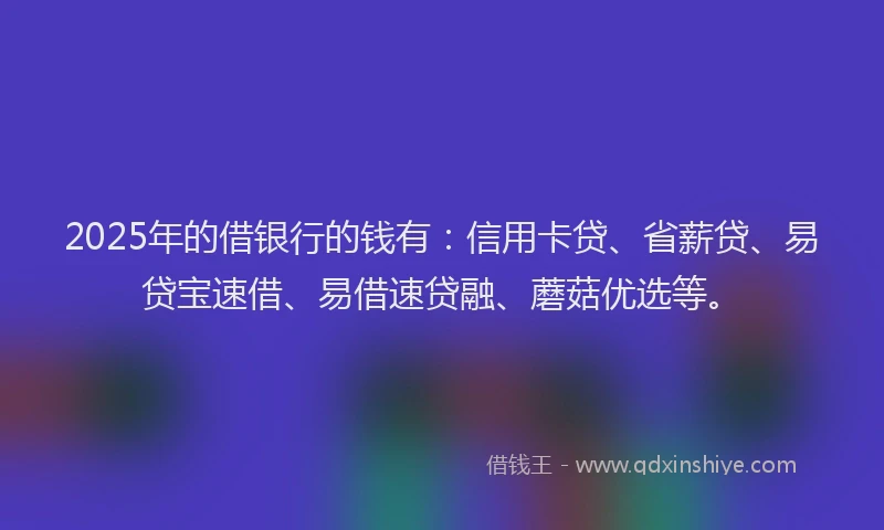 2025年的借银行的钱有：信用卡贷、省薪贷、易贷宝速借、易借速贷融、蘑菇优选等。
