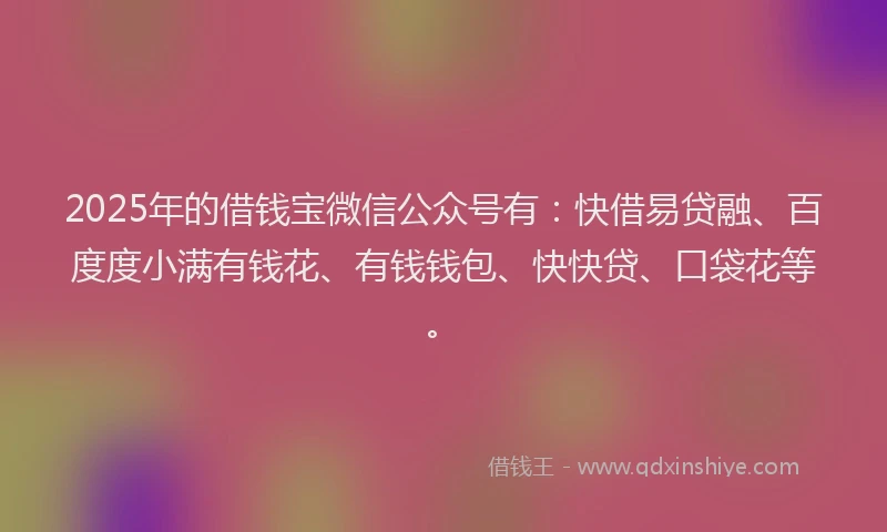 2025年的借钱宝微信公众号有：快借易贷融、百度度小满有钱花、有钱钱包、快快贷、口袋花等。