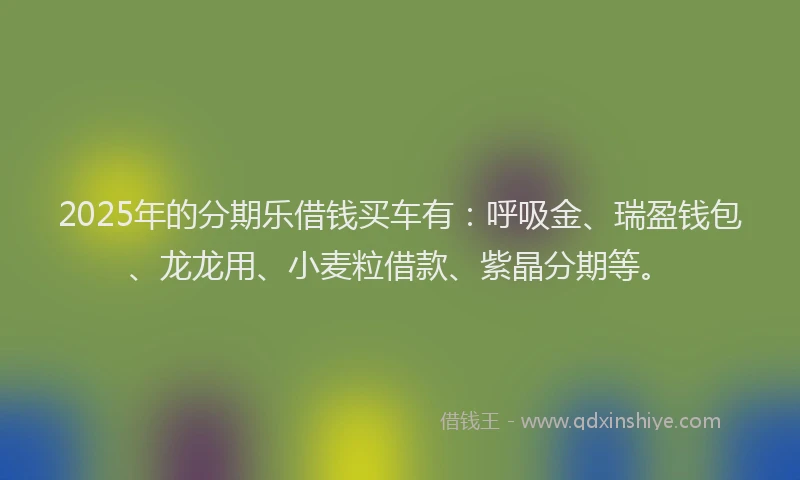 2025年的分期乐借钱买车有：呼吸金、瑞盈钱包、龙龙用、小麦粒借款、紫晶分期等。