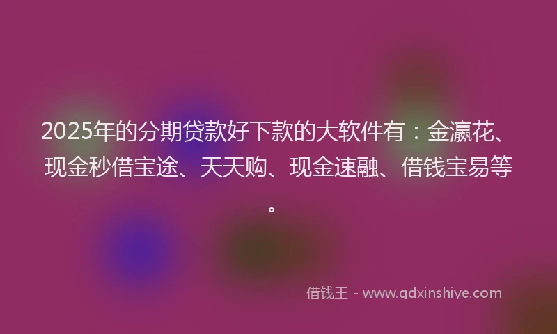 2025年的分期贷款好下款的大软件有：金瀛花、现金秒借宝途、天天购、现金速融、借钱宝易等。