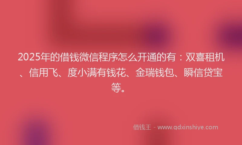 2025年的借钱微信程序怎么开通的有：双喜租机、信用飞、度小满有钱花、金瑞钱包、瞬信贷宝等。
