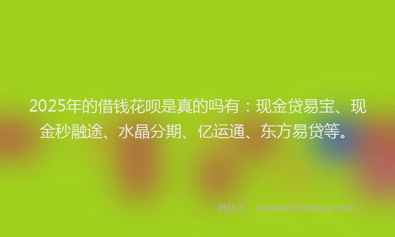2025年的借钱花呗是真的吗有：现金贷易宝、现金秒融途、水晶分期、亿运通、东方易贷等。