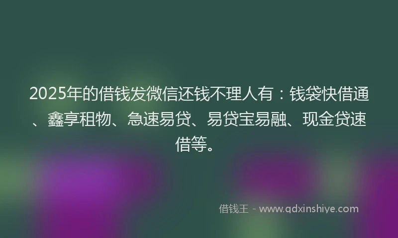 2025年的借钱发微信还钱不理人有：钱袋快借通、鑫享租物、急速易贷、易贷宝易融、现金贷速借等。
