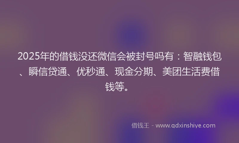 2025年的借钱没还微信会被封号吗有：智融钱包、瞬信贷通、优秒通、现金分期、美团生活费借钱等。