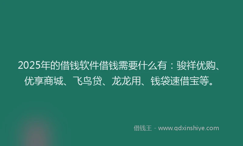 2025年的借钱软件借钱需要什么有：骏祥优购、优享商城、飞鸟贷、龙龙用、钱袋速借宝等。