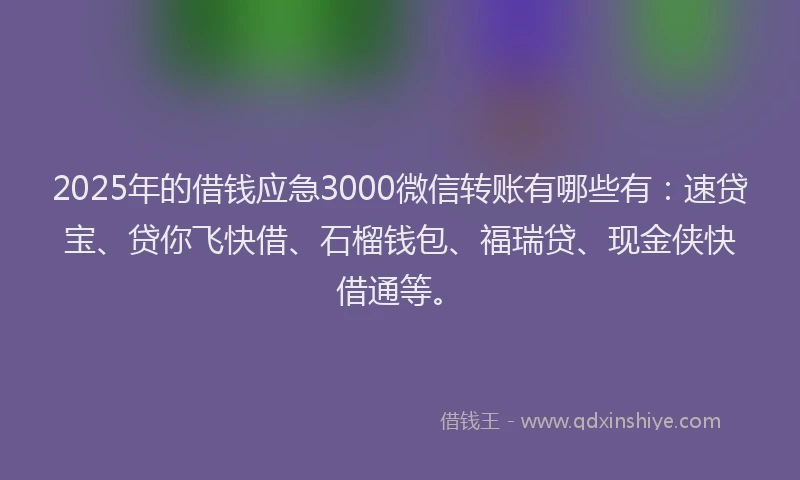 2025年的借钱应急3000微信转账有哪些有：速贷宝、贷你飞快借、石榴钱包、福瑞贷、现金侠快借通等。