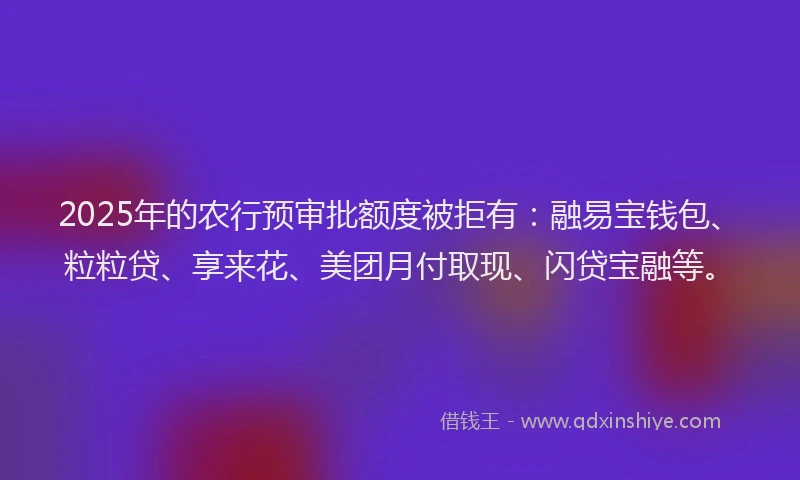 2025年的农行预审批额度被拒有：融易宝钱包、粒粒贷、享来花、美团月付取现、闪贷宝融等。