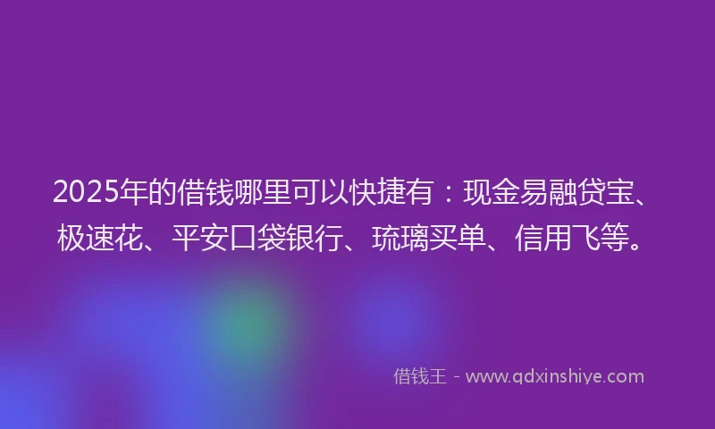 2025年的借钱哪里可以快捷有：现金易融贷宝、极速花、平安口袋银行、琉璃买单、信用飞等。