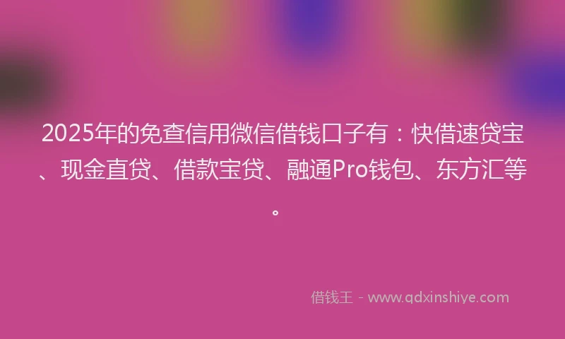 2025年的免查信用微信借钱口子有：快借速贷宝、现金直贷、借款宝贷、融通Pro钱包、东方汇等。