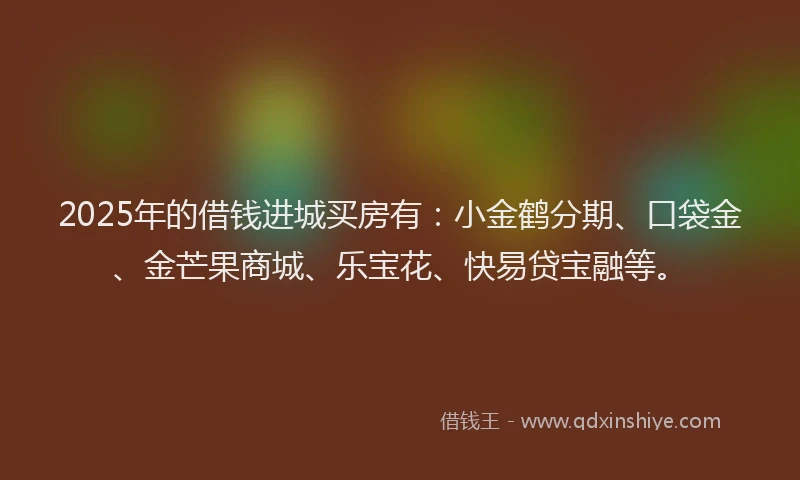 2025年的借钱进城买房有：小金鹤分期、口袋金、金芒果商城、乐宝花、快易贷宝融等。